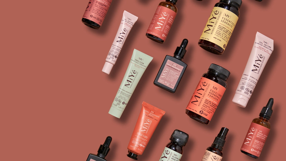Mosaïque de produits MiYé : des compléments alimentaires pour le bien-être hormonal de la femme et des soins bio