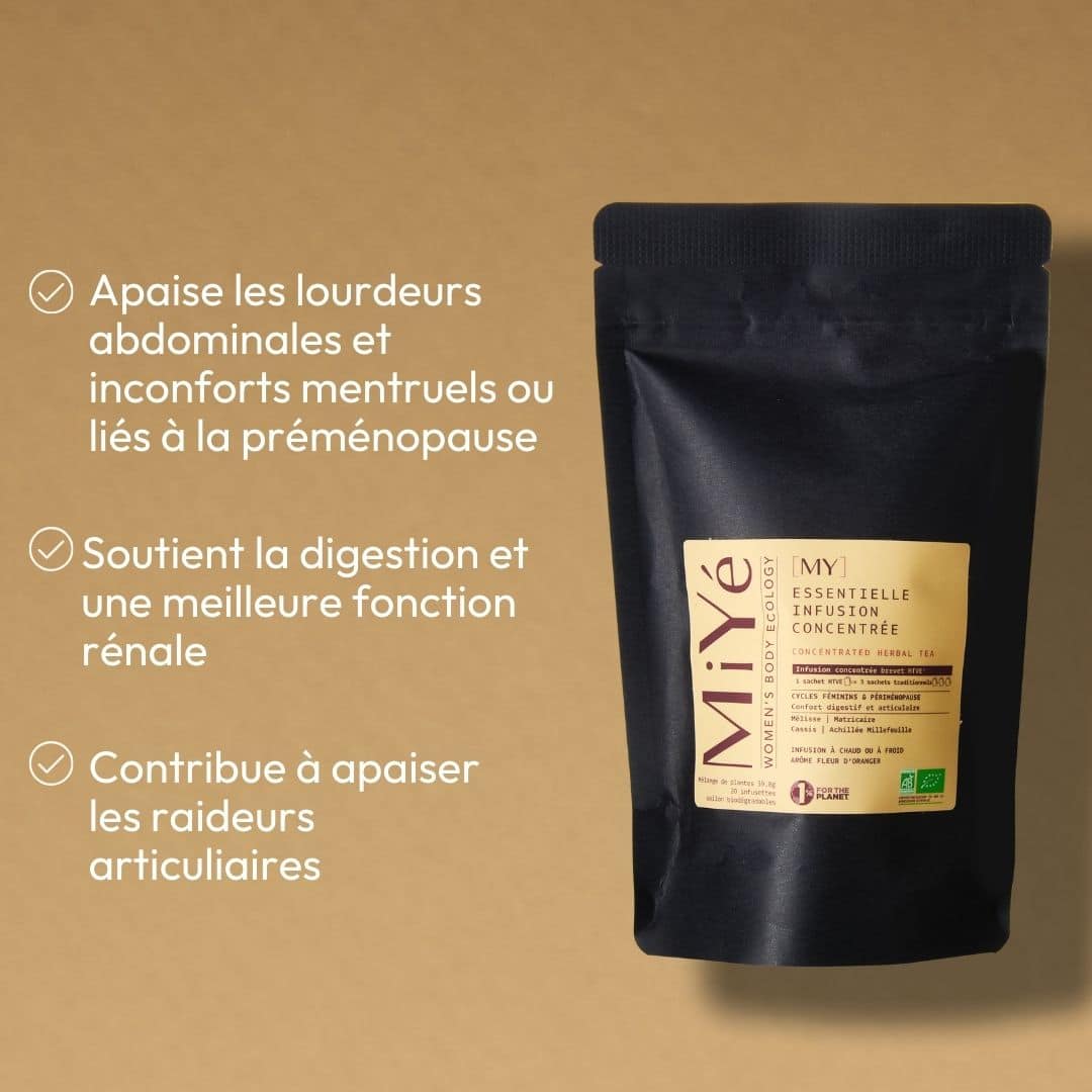 Bienfaits de l'infusion : soutien de la digestion, apaisement des raideurs articulaires, apaisement des lourdeurs abdominales et inconforts menstruels
