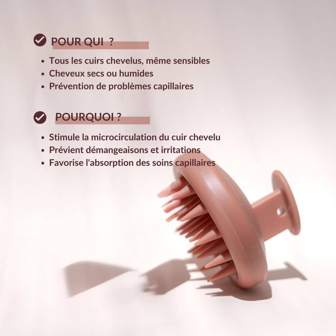 La brosse massante convient à tous cuirs chevelus, secs ou humides, pour stimuler la microcirculation et favoriser l'absorption des soins capillaires