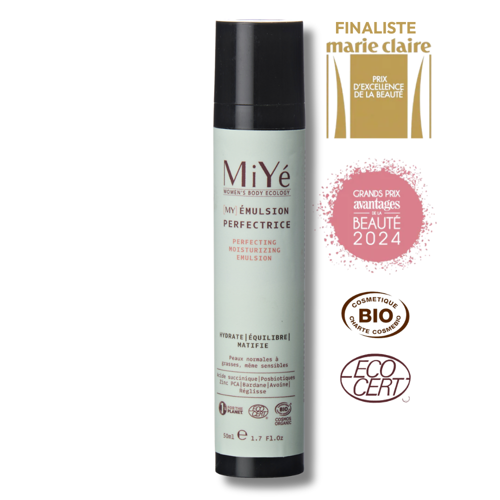 Emulsion perfectrice en tube, et ses macarons Finaliste du prix d'excellence de la beauté de Marie-Claire, grands prix avantages beauté 2024, certifié bio et EcoCert
