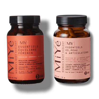 Two glass pills, the first containing [MY] Essential female balance and the second [MY] Essential Bones, Skin and joints